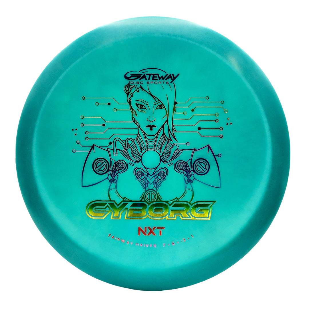 A turquoise fairway driver called Cyborg - NXT, featuring a futuristic cyborg graphic and the text "CYBORG NXT" with Gateway Disc Sports branding.