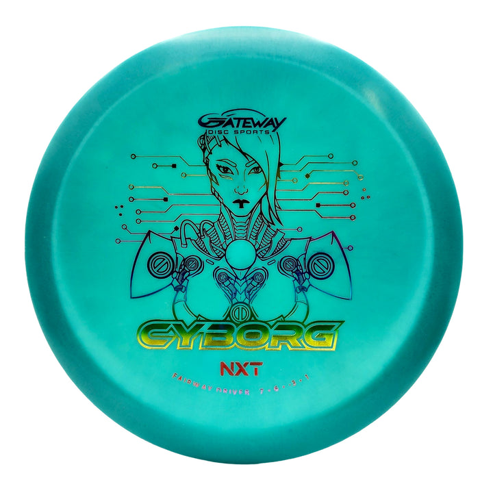 A turquoise fairway driver called Cyborg - NXT, featuring a futuristic cyborg graphic and the text "CYBORG NXT" with Gateway Disc Sports branding.