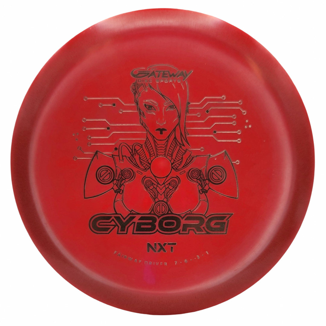 The Cyborg - NXT is a red fairway driver disc golf disc with an illustration of a cyborg woman and circuitry, offering excellent understable performance for controlled throws.