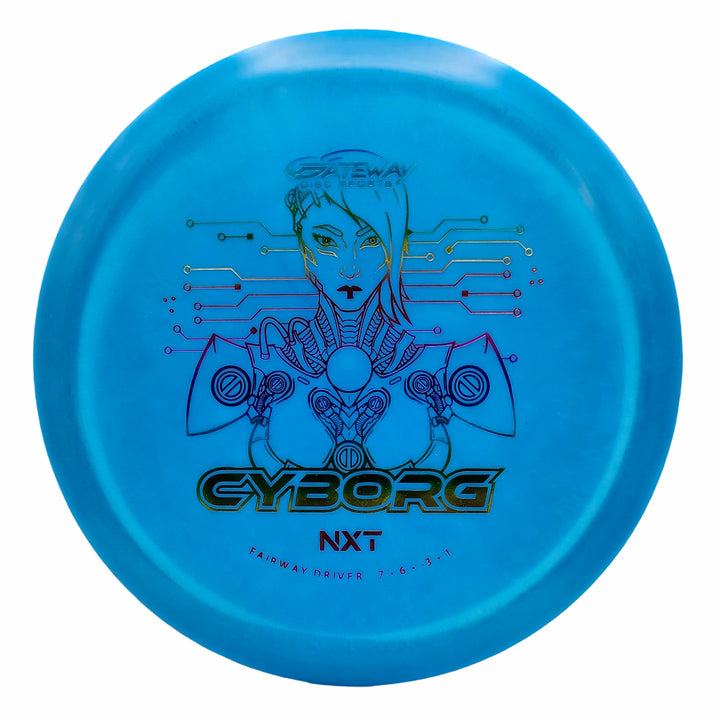 The Cyborg - NXT is a blue understable fairway driver with an illustration of a female cyborg, circuitry designs, and the text "Cyborg NXT Fairway Driver 7 —¢ 6 —¢ -2 —¢ 1.