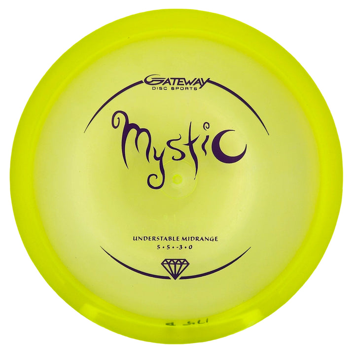 The Mystic - Diamond is a yellow disc golf disc from Gateway Disc Sports featuring black text, flight numbers 5/5/-3/0, a diamond graphic, and is designed as a controllable mid-range for smooth, straight flights.