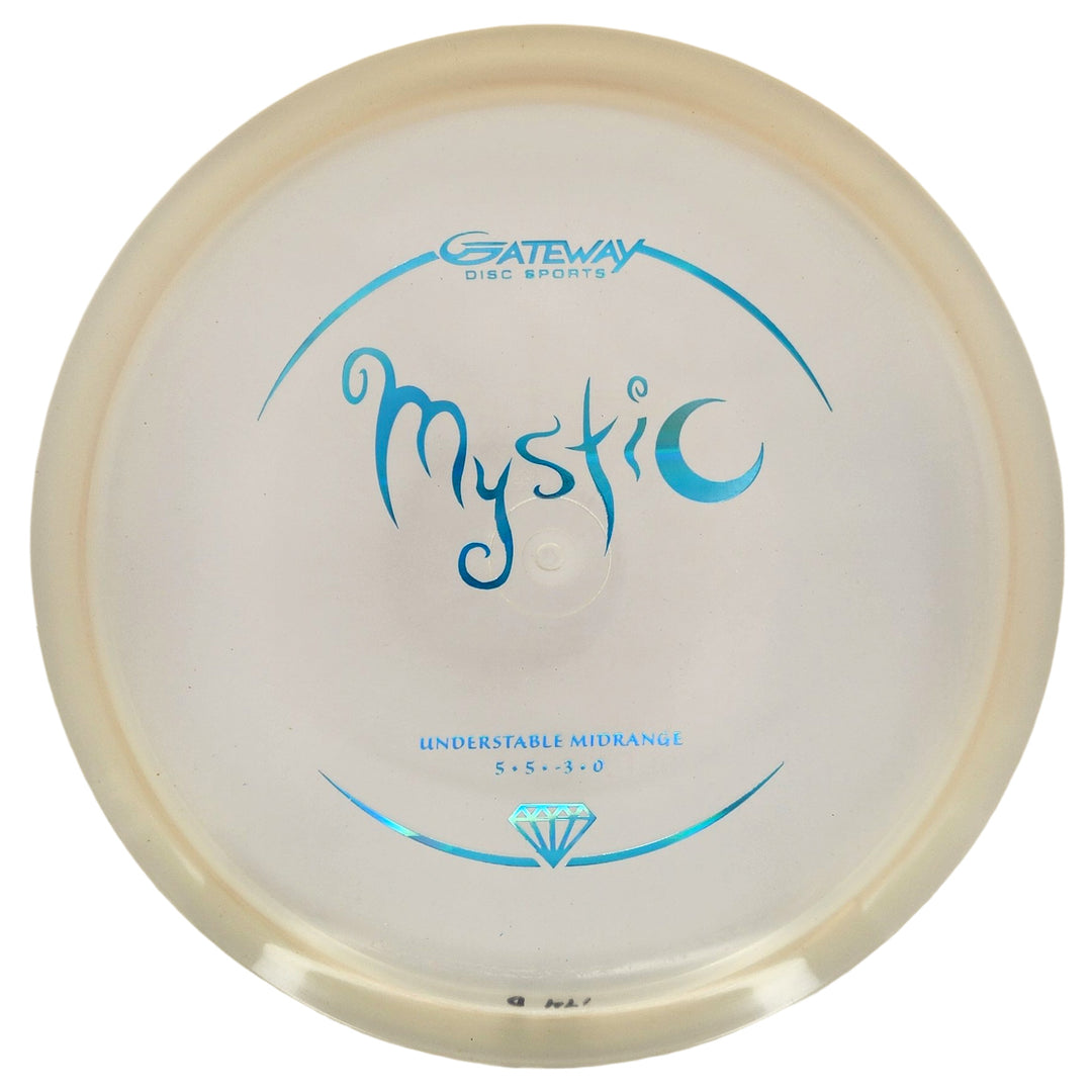 A Gateway Disc Sports Mystic - Diamond controllable mid-range disc golf disc in light plastic with blue text and flight numbers 5, 5, -3, 0 on the front for a reliable straight flight.