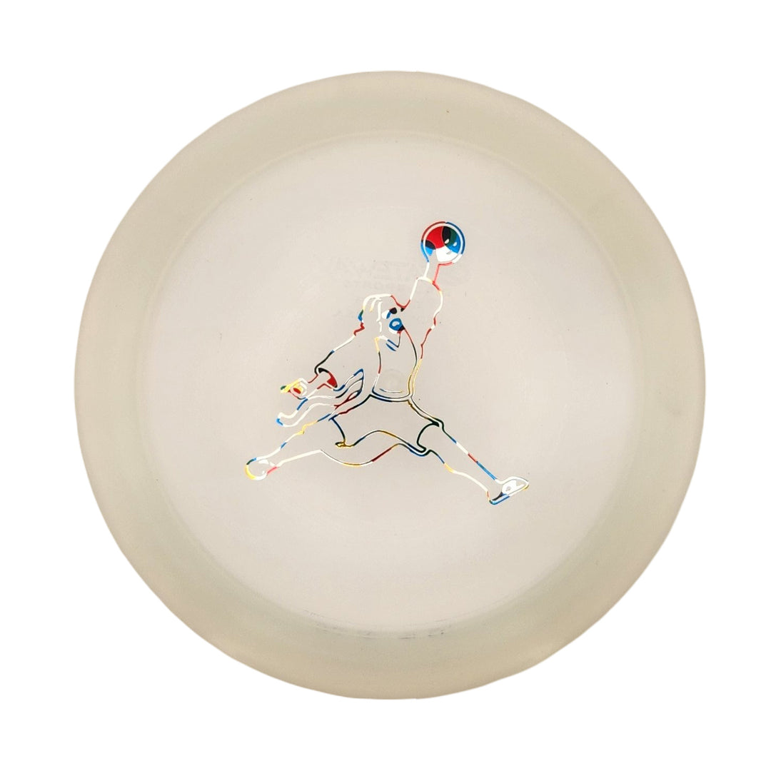 The Spell - Diamond - Air Dude disc features a dynamic white design with an outline of a mid-air basketball player, crafted from high-grade TPU for wind-crushing power throws.