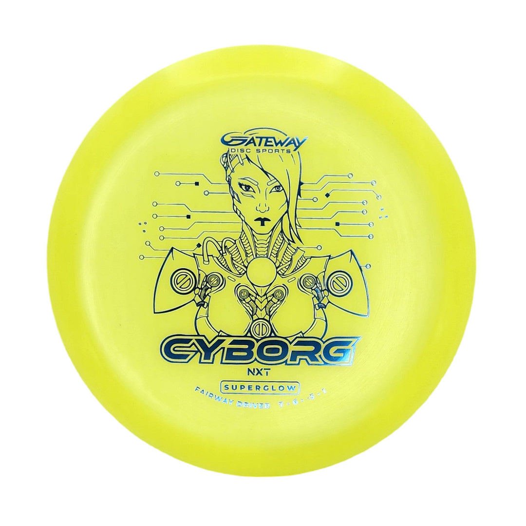 A yellow fairway driver disc golf disc, "Cyborg - NXT Superglow" by Gateway Disc Sports, featuring a futuristic Cyborg illustration.