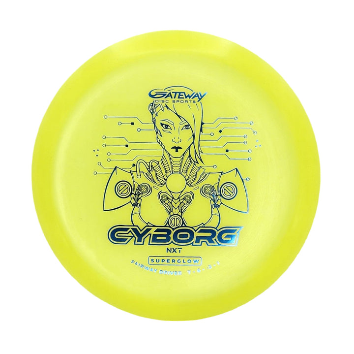 A yellow fairway driver disc golf disc, "Cyborg - NXT Superglow" by Gateway Disc Sports, featuring a futuristic Cyborg illustration.