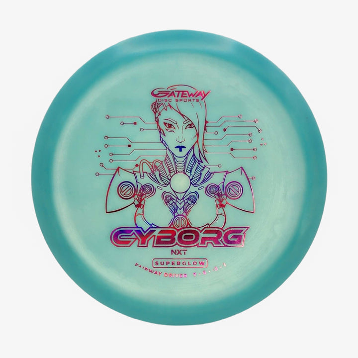 A turquoise, understable fairway driver by Gateway Disc Sports featuring line art of a cyborg woman with geometric and circuit designs, labeled "Cyborg - NXT Superglow.