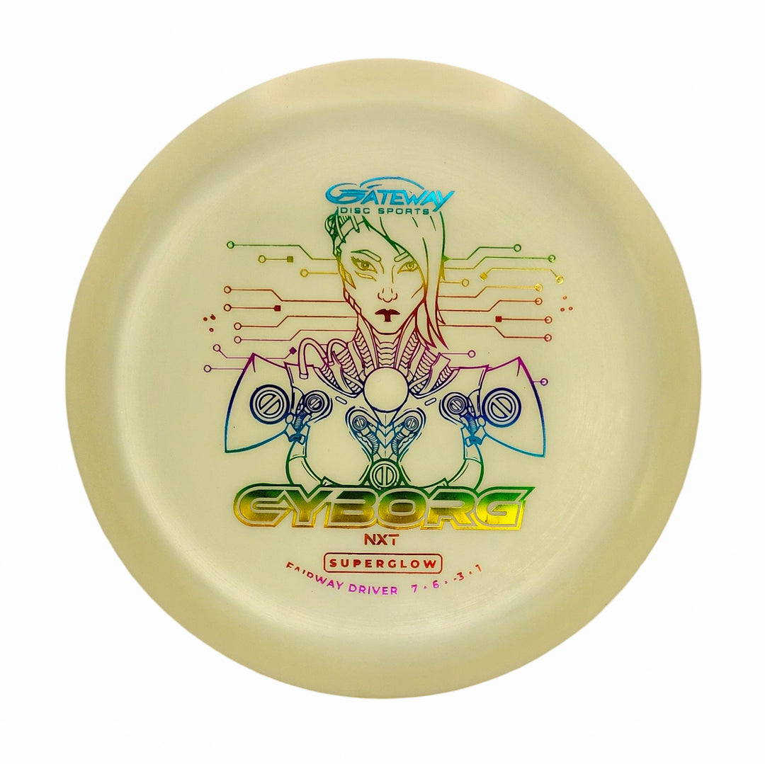 The Cyborg - NXT Superglow is a glow-in-the-dark fairway driver featuring a vibrant illustration of a female cyborg with circuit patterns.