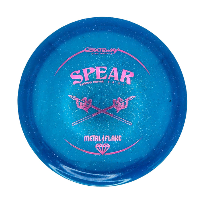 A blue Spear - Diamond (Metal Flake) disc golf control driver with pink text, two crossed spears, 9 speed rating, and Gateway Disc Sports logo€”ideal as a straight driver for accurate throws.
