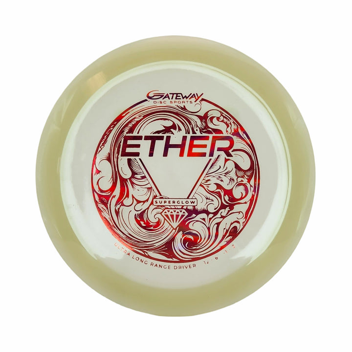 The Ether - Diamond Superglow is a white Gateway distance driver with red swirls, designed for maximum distance throws and labeled —ETHER—� and —SUPERGLOW.—�.
