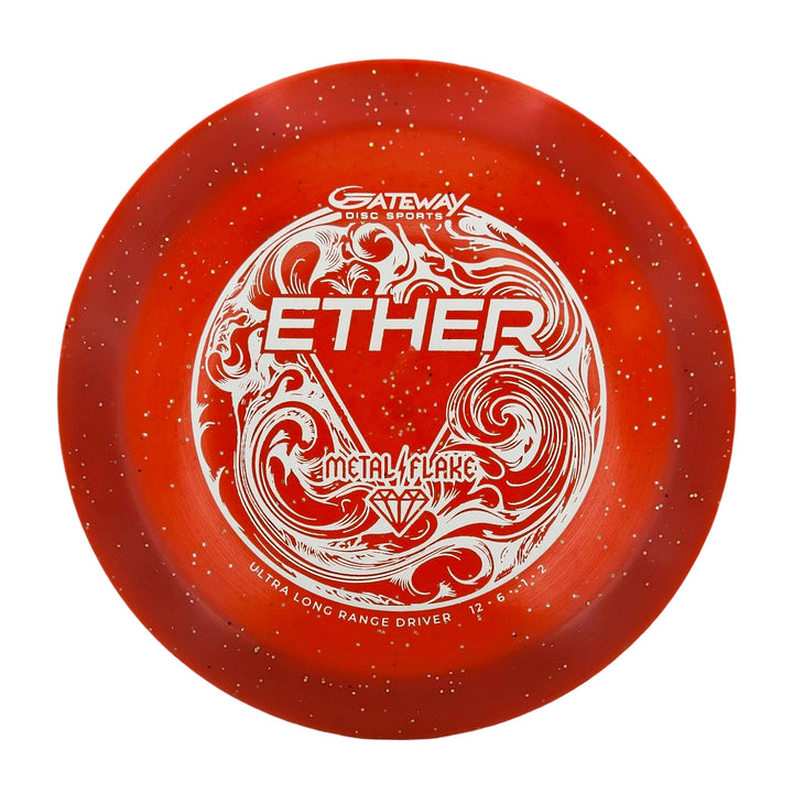 A red Ether - Diamond Metal Flake distance driver from Gateway Disc Sports with white "Metal Flake" artwork and "Ultra Long Range Driver 12, 6, -1, 2." PDGA approved for maximum distance throws.