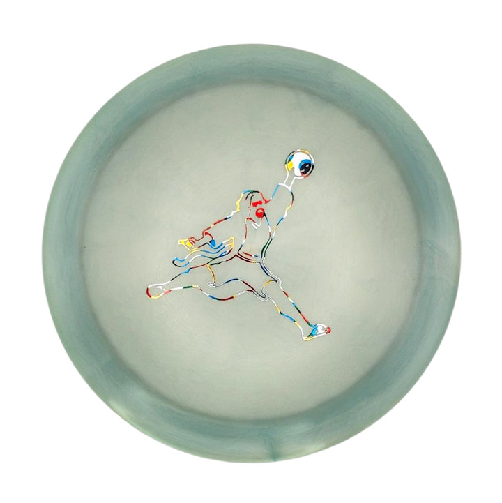 The Realm - Diamond - Air Dude is a round, frosted glass piece featuring a vibrant abstract runner at its center—ideal inspiration for power throwers and distance driver fans.