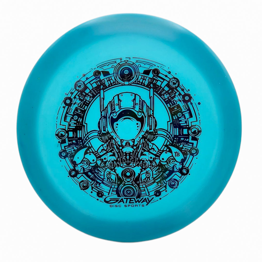 A blue Spell NXT Lite - PremierJUL overstable driver disc features a detailed black futuristic robot and circuit design at the center, with "Gateway Disc Sports" printed below—ideal for power throws.