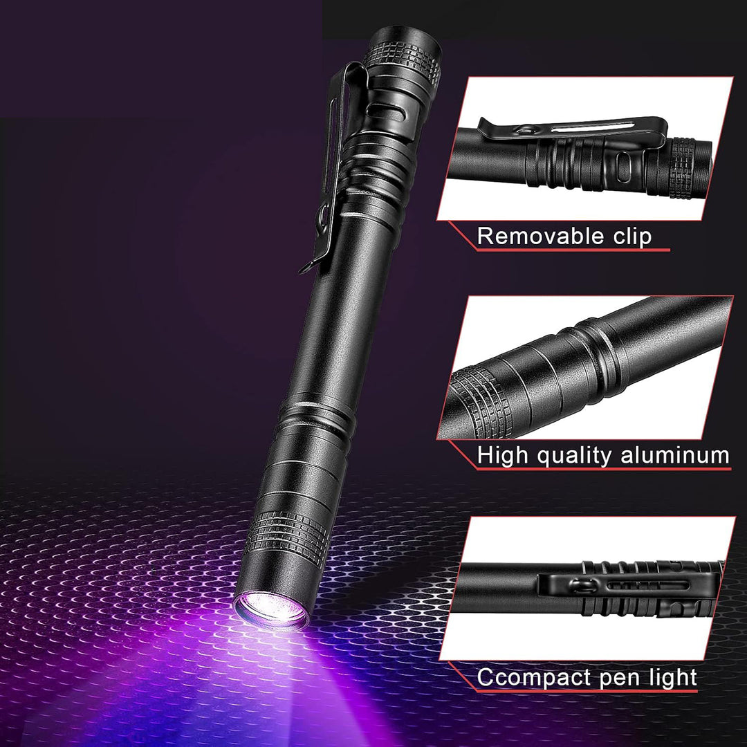 The UV Laser Pointer is a black, pen-sized flashlight with a removable clip, high quality aluminum body, and compact design—ideal for detecting glow discs or other black light uses.
