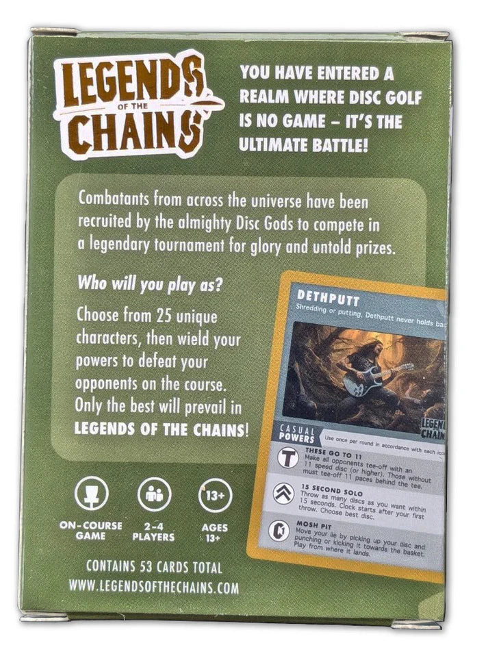 Back of a "Legends of the Chains: On-Course Disc Golf Game" box, showcasing gameplay overview, player details, and a sample disc golf character card named "Dethputt.