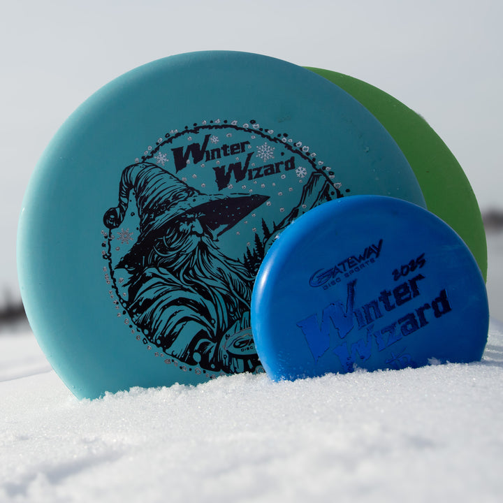 The 2-Disc Players Pack - Winter Wizards 2025 shows two blue discs, one larger and one smaller, standing upright in the snow with a green disc partially visible behind them.