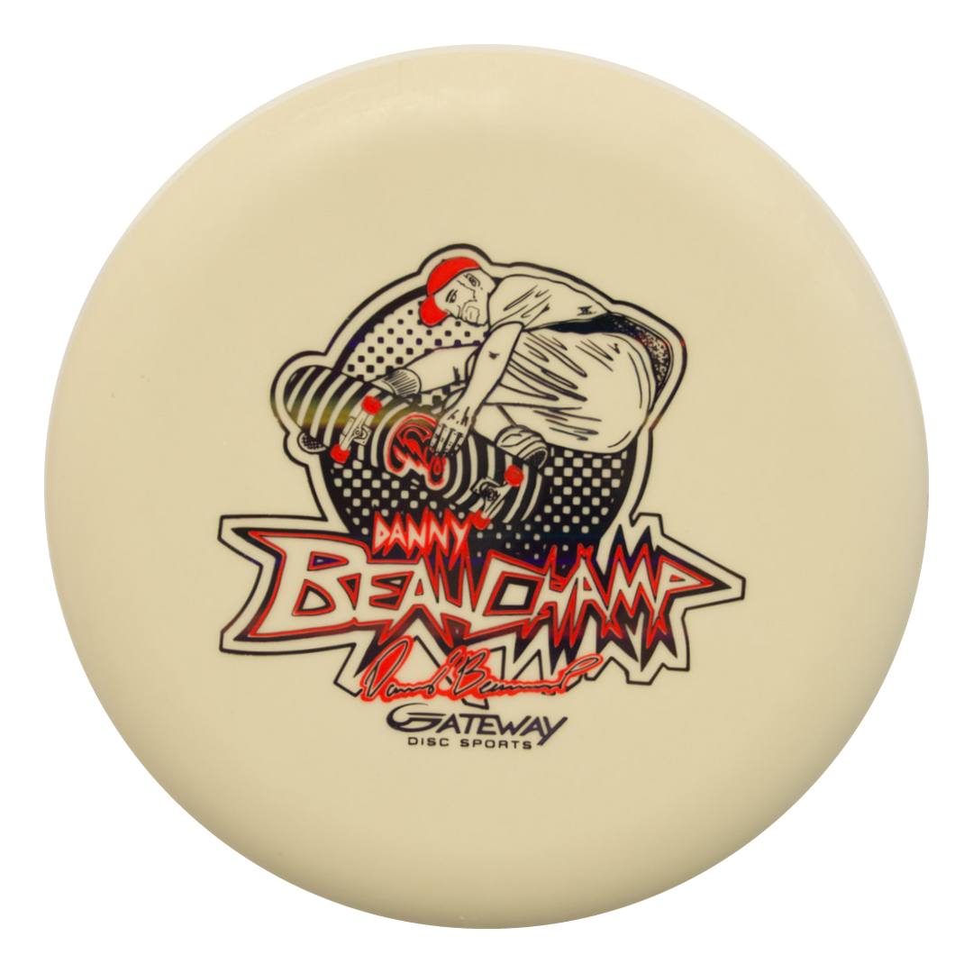 The Danny Beauchamp's Signature Retro Wizard - SS - Superglow is a cream-colored, glow-in-the-dark Wizards disc featuring skateboarding art, €œDanny Beauchamp,€� €œGateway Disc Sports,€� and a signature€”perfect for your Gateway collection.