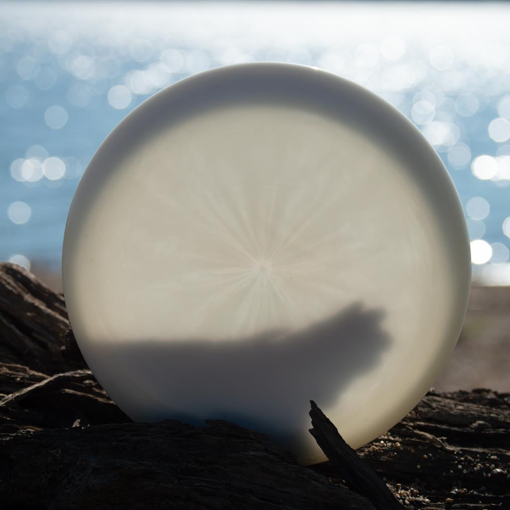 The Dye Canvas Diamond Wizard, a round translucent piece, rests on driftwood and casts an animal-like shadow. Sunlight plays across its surface hinting at vibrant color absorption, while water shimmers in the background.