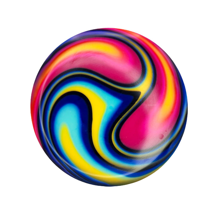 The Element - NXT - Optic Dyes ball features swirling pink, blue, yellow, and black patterns on white, inspired by hand-dyed discs for a vibrant, unique look.