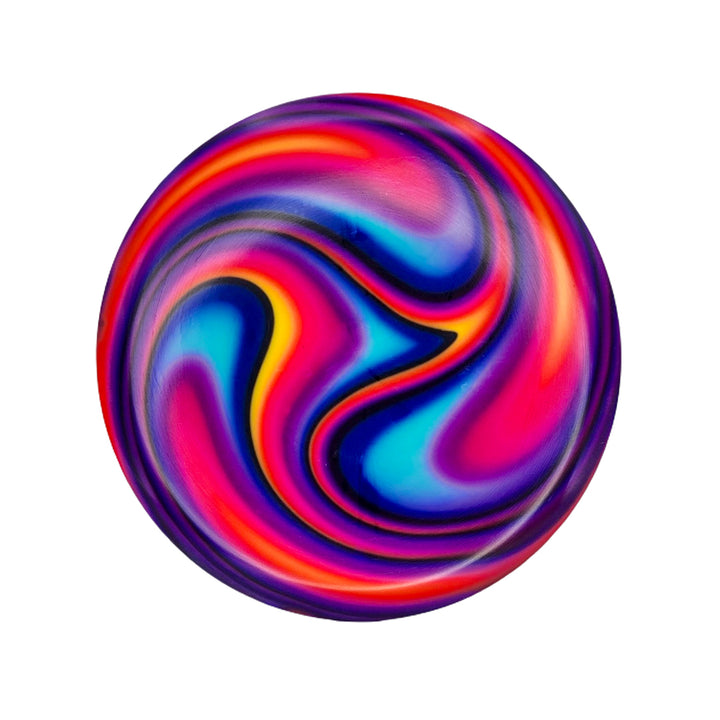 The Element - NXT - Optic Dyes disc features a swirling blend of purple, blue, yellow, pink, and red on white—ideal for dye canvas enthusiasts seeking vibrant, hand-dyed style.