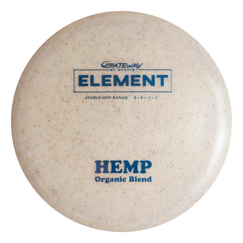 The Element - Diamond Hemp is a beige mid-range disc golf disc from Gateway Disc Sports with €œHemp Organic Blend€� and blue text, specs 5 €¢ 5 €¢ -1 €¢ 1, offering unbelievable glide and straight flight.