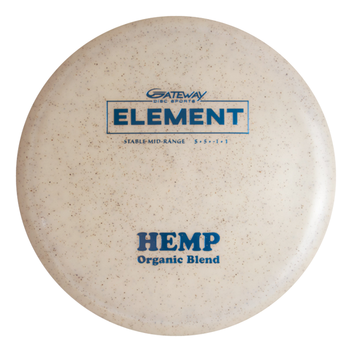 The Element - Diamond Hemp is a beige mid-range disc golf disc from Gateway Disc Sports with €œHemp Organic Blend€� and blue text, specs 5 €¢ 5 €¢ -1 €¢ 1, offering unbelievable glide and straight flight.