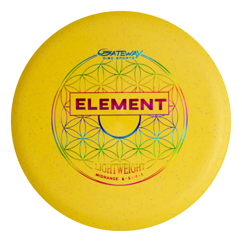 A yellow €œElement Lightweight- Organic Hemp disc by Gateway Disc Sports, featuring a colorful geometric pattern and "Light Weight Mid-range" crafted for exceptional glide and straight flight on the course.