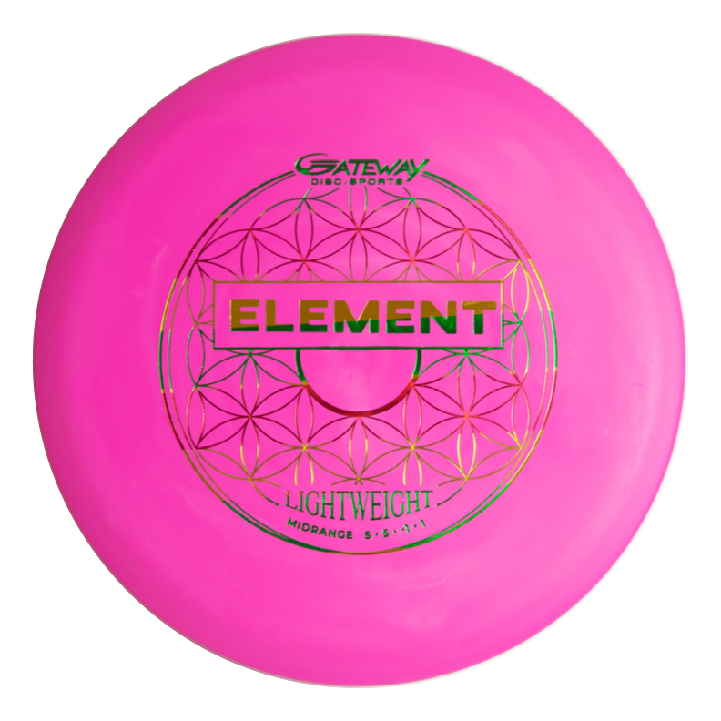 A pink Gateway Disc Sports Element Lightweight - SureGrip™  mid-range disc with "ELEMENT" in bold letters and a geometric pattern, labeled "MIDRANGE 5·5·-1·1," designed for smooth glide and straight flight.