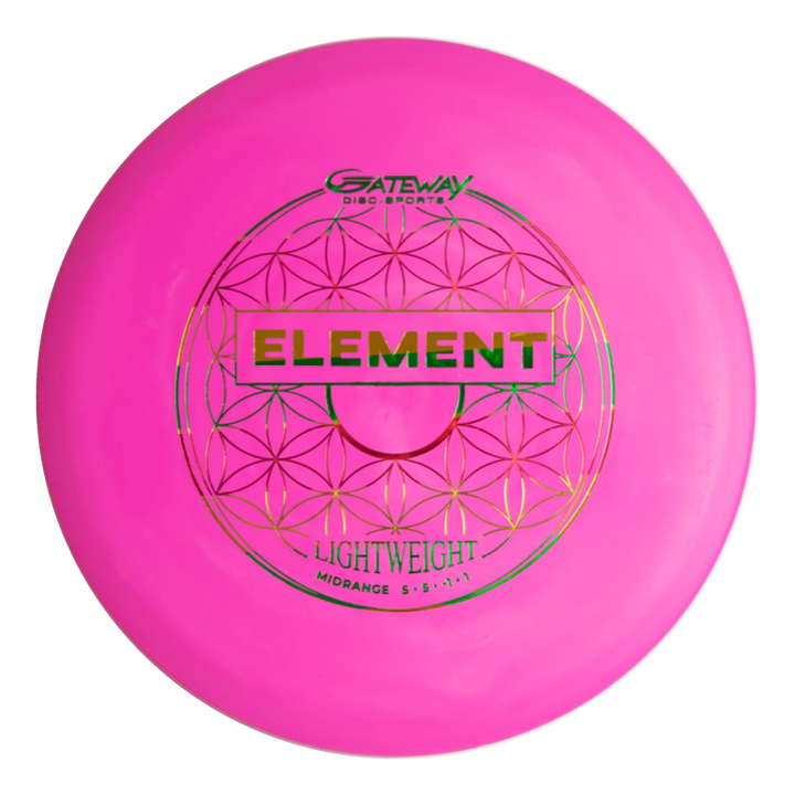 A pink Gateway Disc Sports Element Lightweight - SureGrip™  mid-range disc with "ELEMENT" in bold letters and a geometric pattern, labeled "MIDRANGE 5·5·-1·1," designed for smooth glide and straight flight.