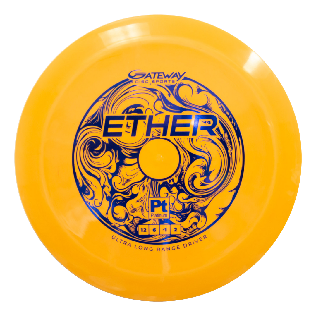 The Ether - Platinum is a yellow, eco-friendly distance driver with blue decorative patterns and €œEther€� and €œGateway Disc Sports€� printed on top.