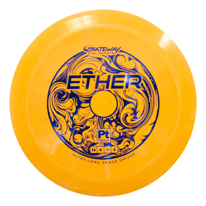 The Ether - Platinum is a yellow, eco-friendly distance driver with blue decorative patterns and €œEther€� and €œGateway Disc Sports€� printed on top.