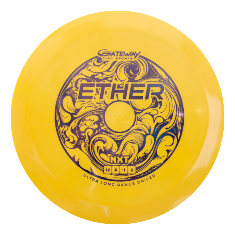 A yellow Ether - NXT (Nylon Xtra Tuff) distance driver by Gateway Disc Sports features black swirling artwork and "ETHER NXT ULTRA LONG RANGE DRIVER" on the front, made from durable plastic for long-lasting performance.