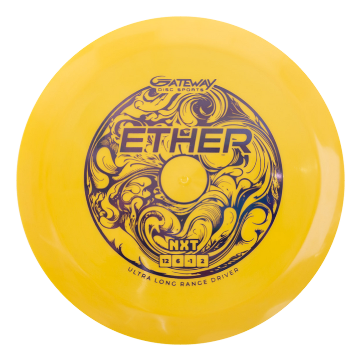 A yellow Ether - NXT (Nylon Xtra Tuff) distance driver by Gateway Disc Sports features black swirling artwork and "ETHER NXT ULTRA LONG RANGE DRIVER" on the front, made from durable plastic for long-lasting performance.