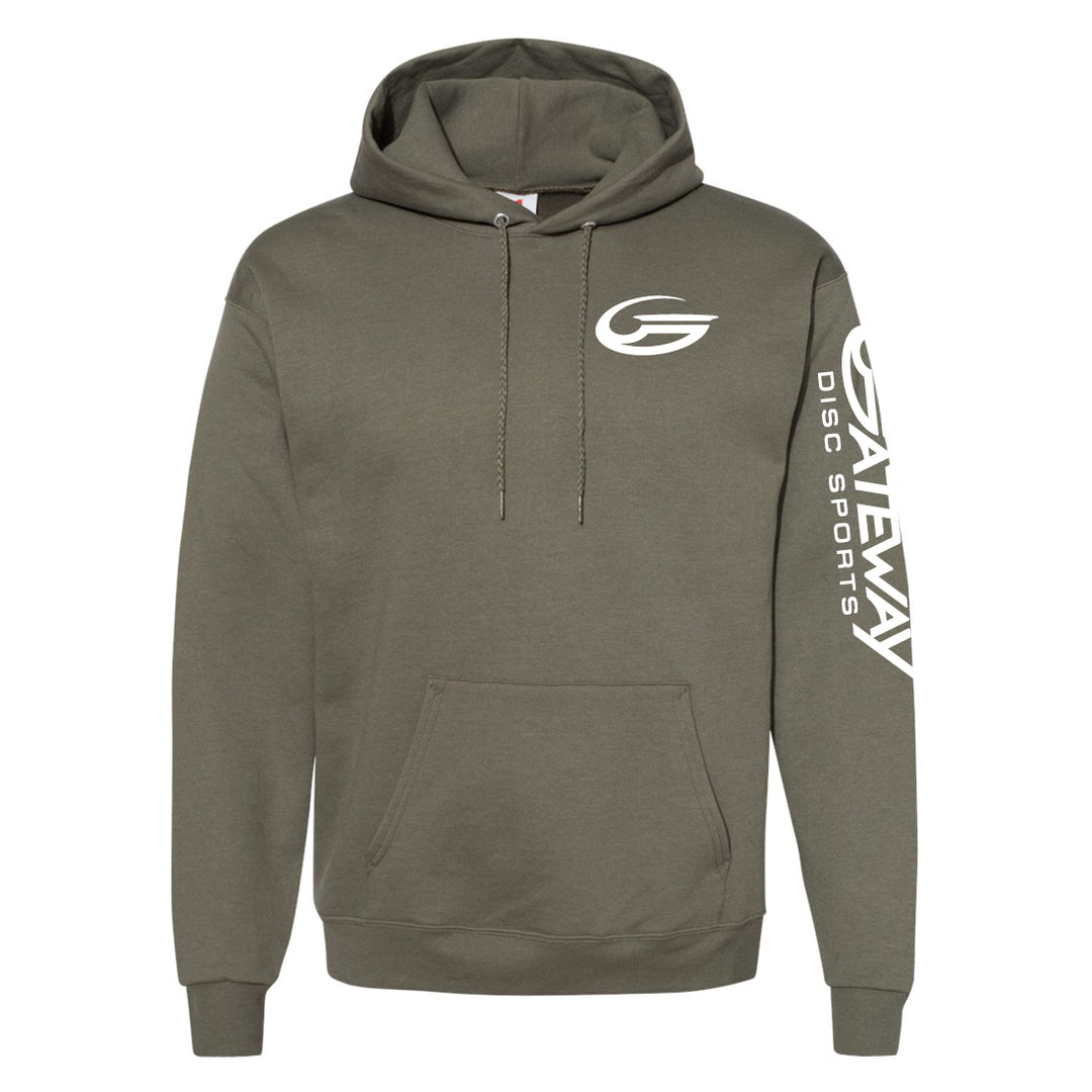 The Fatigue Green Gateway Hooded Sweatshirt features a drawstring hood, front pouch pocket, and white "Gateway Disc Sports" logos on the left chest and right sleeve, crafted from soft PrintPro XP fleece.