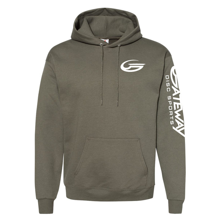 The Fatigue Green Gateway Hooded Sweatshirt features a drawstring hood, front pouch pocket, and white "Gateway Disc Sports" logos on the left chest and right sleeve, crafted from soft PrintPro XP fleece.