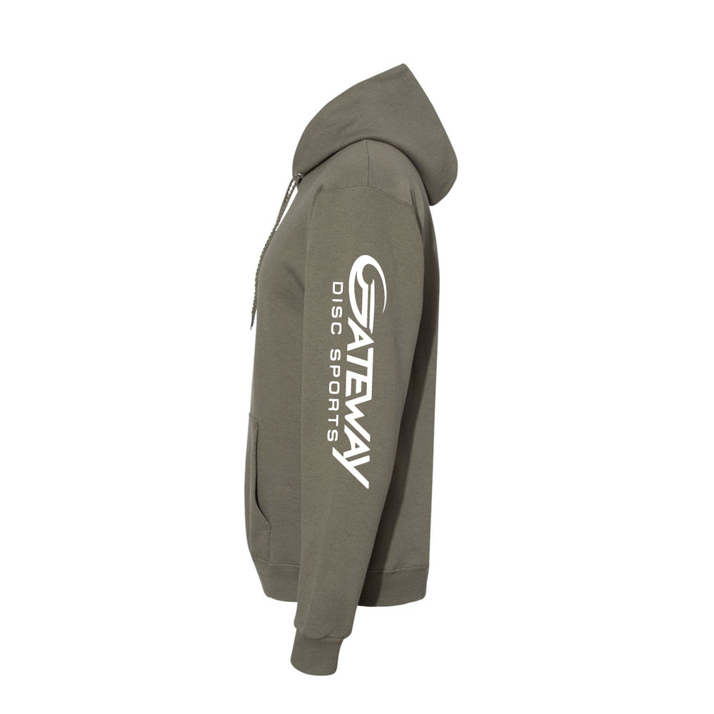 The Fatigue Green Gateway Hooded Sweatshirt features "Gateway Disc Sports" in white on the right sleeve and is made from soft PrintPro XP fleece for lasting comfort, displayed here from a side profile.