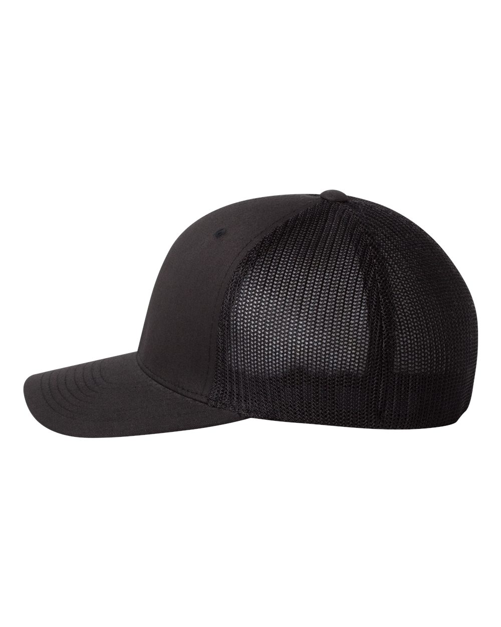 The Wizard Flexfit Fitted Trucker Cap is shown from the side, featuring a solid front panel, durable Permacurv® visor for lasting shape, and breathable mesh back for comfort.