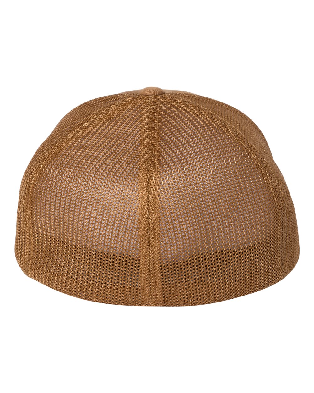 The Wizard Flexfit Fitted Trucker Cap is a brown mesh beanie shown from the back, featuring a breathable, see-through design and a comfortable elastic band for a secure fit.