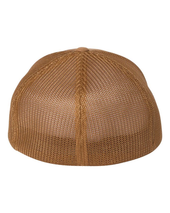 The Wizard Flexfit Fitted Trucker Cap is a brown mesh beanie shown from the back, featuring a breathable, see-through design and a comfortable elastic band for a secure fit.