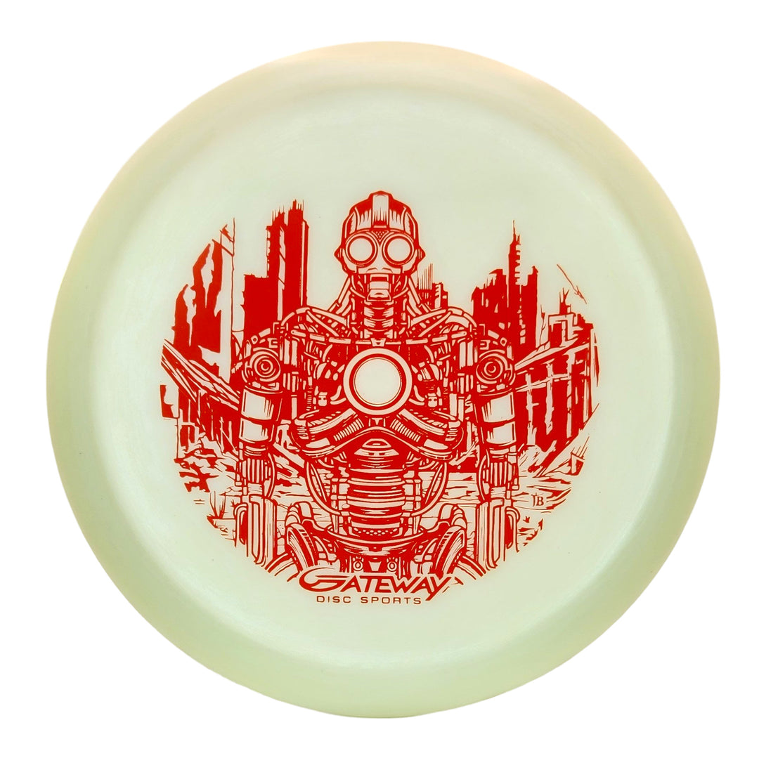 A light green Cyborg Superglow - PremierJUL disc with a red humanoid robot and city ruins illustration, Gateway Disc Sports logo below€”perfect for smooth turnover shots.