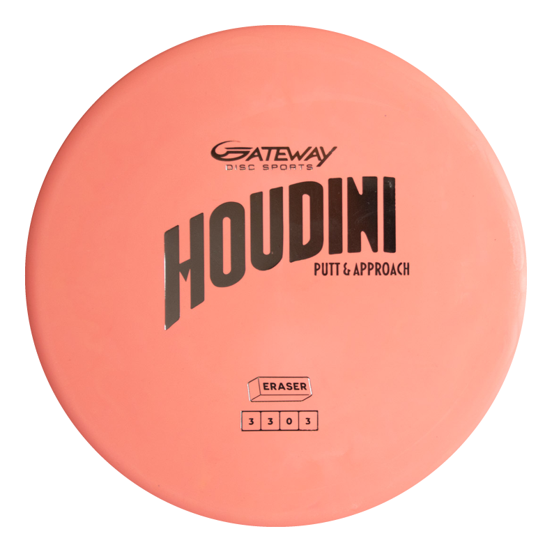 A pink Houdini - Eraser putt and approach disc with a deep rim, marked "PUTT & APPROACH" and "ERASER" on the front, plus the flight numbers 3|3|0|3 at the bottom.