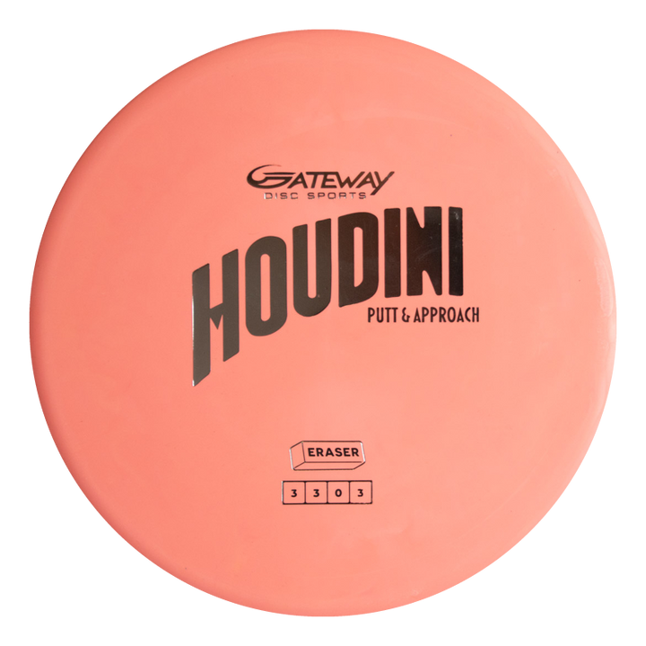 A pink Houdini - Eraser putt and approach disc with a deep rim, marked "PUTT & APPROACH" and "ERASER" on the front, plus the flight numbers 3|3|0|3 at the bottom.