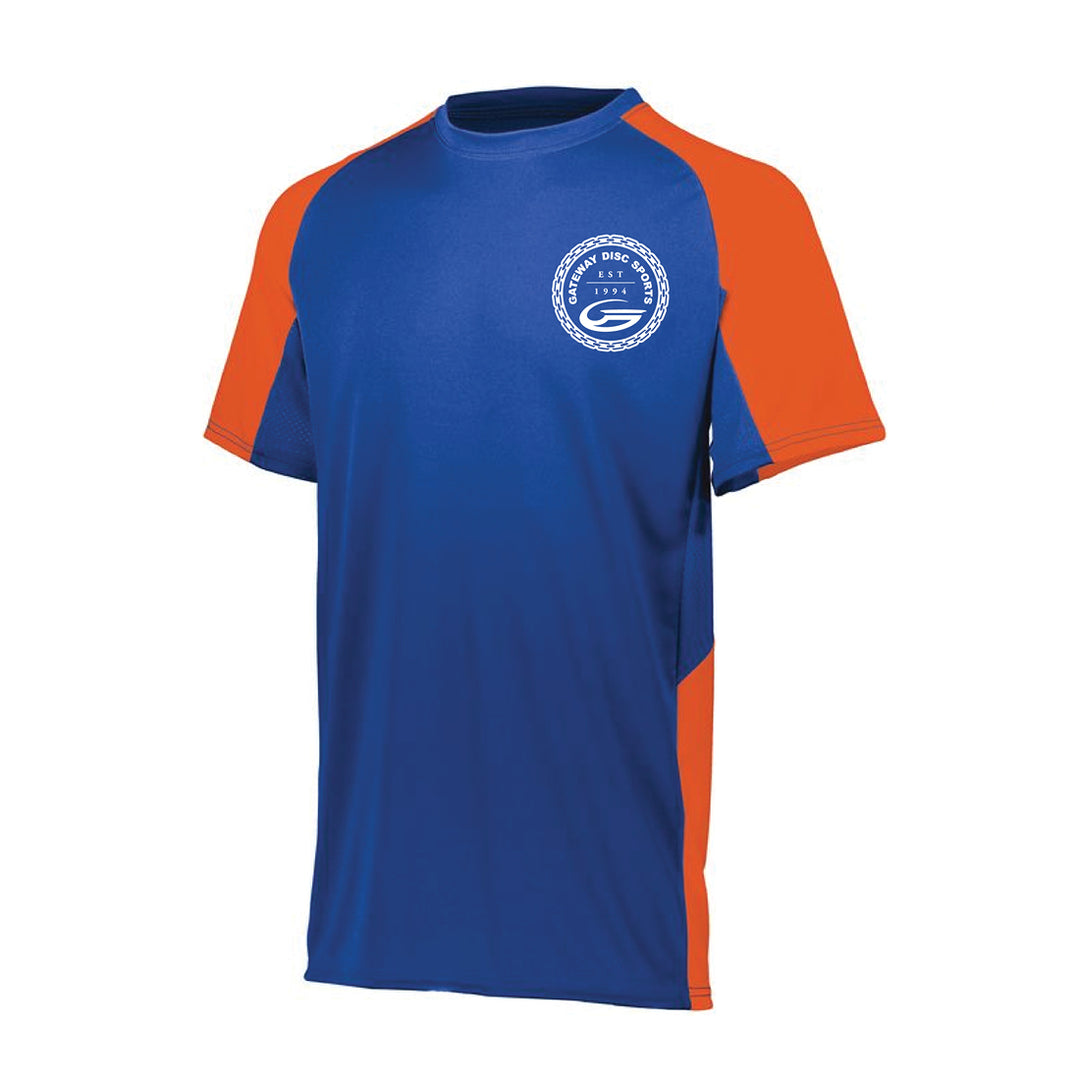 The Royal Orange Gateway Jersey is a short-sleeved athletic top with a blue torso and sleeves, orange side panels and shoulders, a white circular logo on the left chest, and moisture-wicking technology for cool, dry comfort.