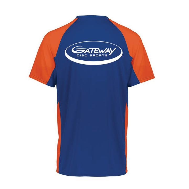 Back view of the Royal Orange Gateway Jersey, featuring a blue center, orange sides, and a large white "Gateway Disc Sports" logo on the upper back. Moisture-wicking technology ensures ultimate comfort.