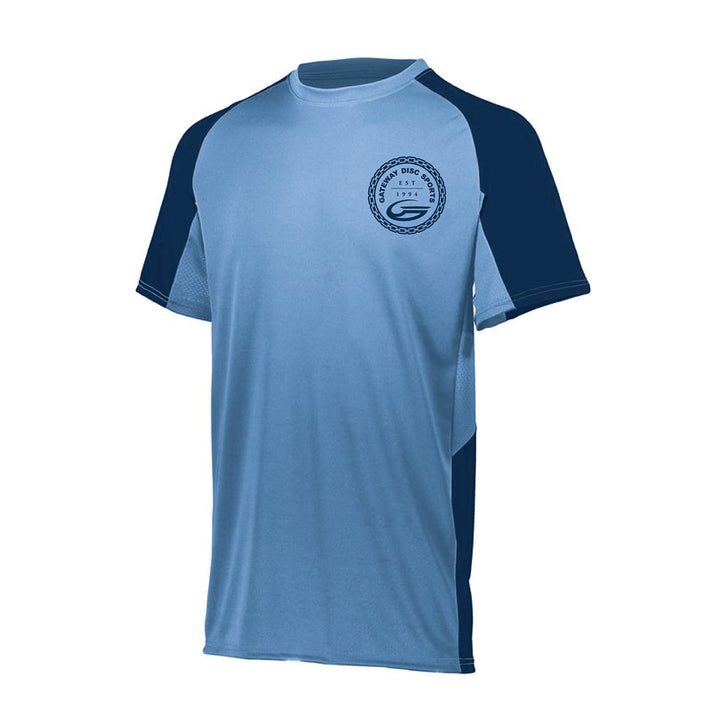 The Blue/Navy Gateway Jersey features short sleeves, a round neck, and a printed circular logo on the left chest. Made from moisture-wicking fabric for all-day comfort.