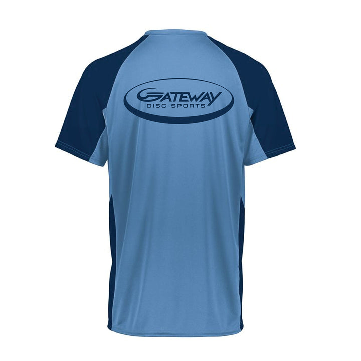 The Blue/Navy Gateway Jersey features the "Gateway Disc Sports" logo in dark print across the upper back, designed for comfort on and off the field.