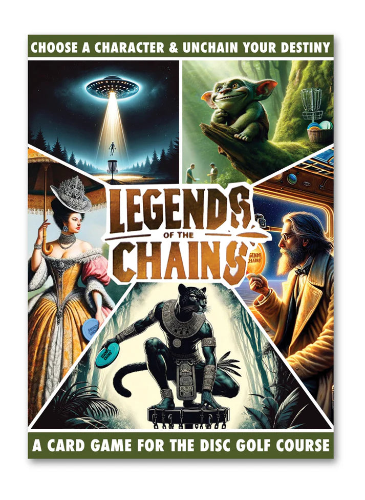 Poster for "Legends of the Chains: On-Course Disc Golf Game," showcasing unique character cards like an alien, a Gremlin-like creature, a historical woman, an old man, and an ancient jaguar statue.