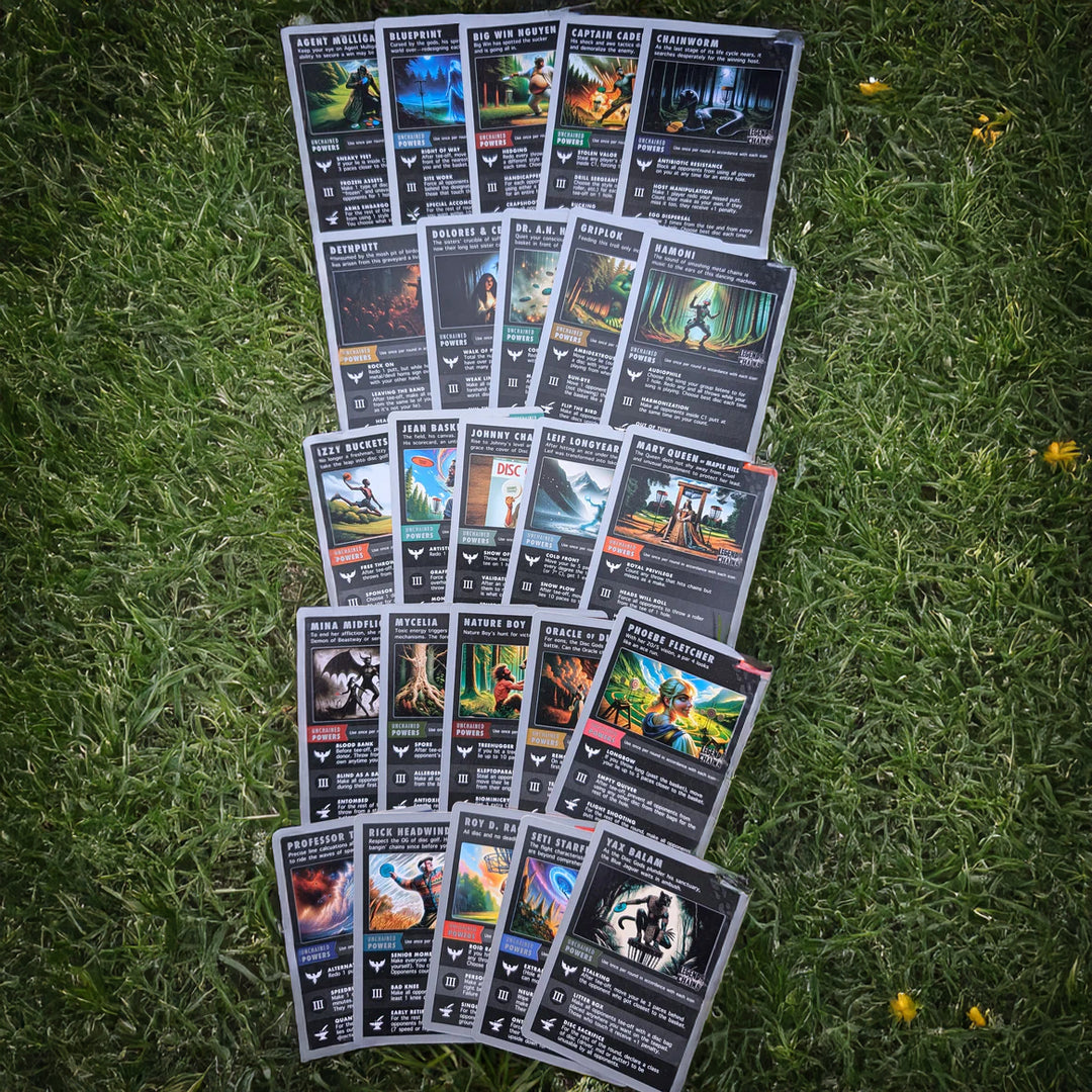 Twenty character cards from Legends of the Chains: On-Course Disc Golf Game, each with unique disc golf artwork and descriptions, are arranged in a grid pattern on green grass.