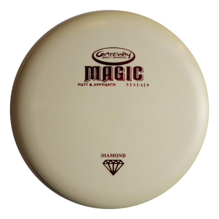 The Magic - Diamond is a straight-flying white putter with brown disc specs, a diamond graphic, and "Diamond" below€”ideal for beginners or dependable putting.