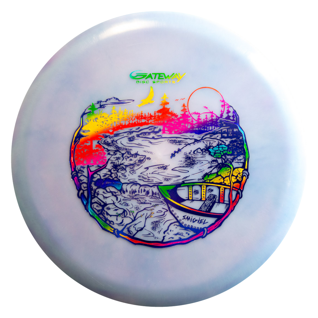 A whitish-blue Element mid-range disc golf disc featuring a colorful illustration of a river, forest, cabin, mountains, and the sun with a Sam Smigiel double foil stamp and the Gateway Disc Sports logo at the top. 