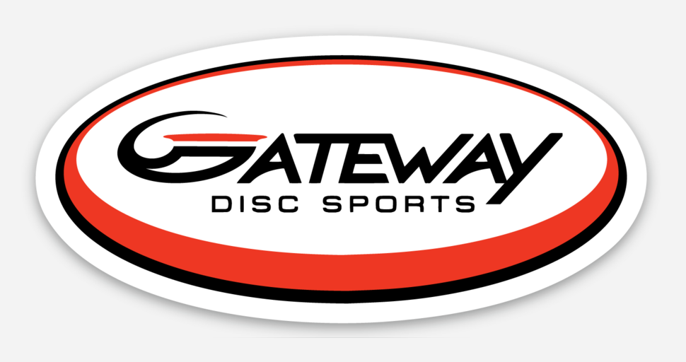 Logo Stickers: High-quality vinyl sticker with an oval "Gateway Disc Sports" logo in bold black text, accented by red and black curved lines on a white background.